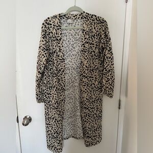 ICHI Beige Leopard Print Long Open Cardigan Medium
